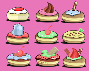 FLAT ILLUSTRATION SET ANY FLAVOUR DONUT FROM COMPONENT, POSTER, STIKER, ELEMENT, DECORATION 
