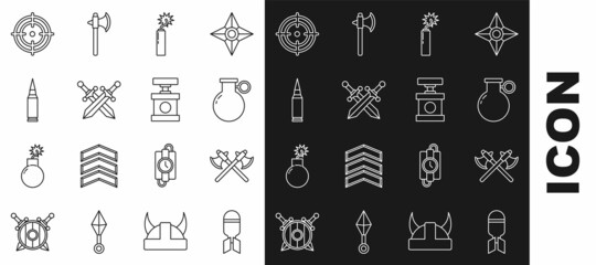 Set line Aviation bomb, Crossed medieval axes, Hand grenade, Dynamite stick clock, sword, Bullet, Target sport and Handle detonator for dynamite icon. Vector