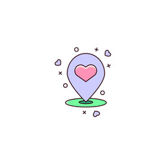 Love location color line icon with heart symbol. Map pin sign for dating apps, chats and websites. Map pointer web and ui element. 