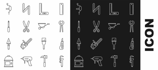 Set line Calliper or caliper and scale, Stationery knife, Pincers pliers, Corner ruler, Scissors, Screwdriver, Hand drill and Wheelbarrow icon. Vector