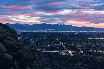 Colorful dawn view of the San Fernando Valley and the San Gabriel Mountains in Los Angeles,...