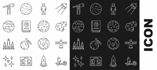 Set line Mars rover, Satellite, Asteroid, Alien, Book by astronomy, Planet, Telescope and dish icon. Vector