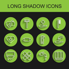 Set line Paper towel dispenser on wall, Crossed bandage plaster, Bar of soap, Water tap, Towel stack, Medical protective mask, Washing hands with and Bottle nozzle spray icon. Vector