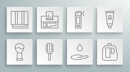 Set line Shaving brush, Wet wipe pack, Hairbrush, Washing hands with soap, Bottles for cleaning agent, nozzle spray, Tube of toothpaste and Towel stack icon. Vector