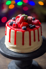 beautiful cake with fresh berries, raspberry, strawberry, blueberry, on a black cake pan, side view...