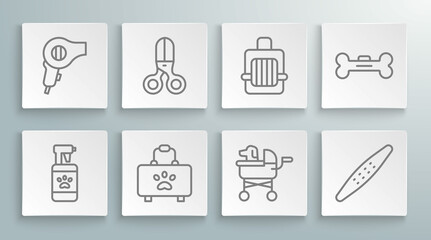 Set line Pet shampoo, Scissors hairdresser, first aid kit, stroller, Nail file pet, carry case, Dog bone and Hair dryer icon. Vector