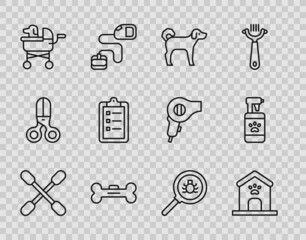 Set line Cotton swab for ears, Dog house and paw print, bone, Pet stroller, Grooming salon price list, Flea search and shampoo icon. Vector