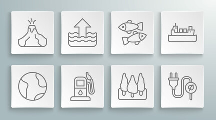 Fototapeta na wymiar Set line Earth globe, Rise in water level, Petrol or gas station, Forest, Electric saving plug leaf, Dead fish, Oil tanker ship and Volcano eruption with lava icon. Vector