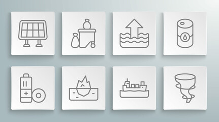 Set line Battery, Full dustbin, Iceberg, Oil tanker ship, Tornado, Rise water level, Barrel oil and Solar energy panel icon. Vector