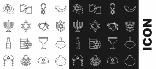 Set line Pomegranate, Hanukkah dreidel, Shield with Star of David, necklace on chain, menorah, and Olives branch icon. Vector