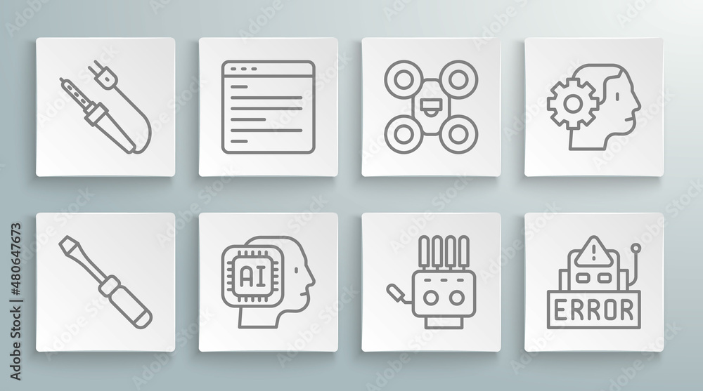 Poster set line screwdriver, computer api interface, humanoid robot, mechanical hand, error, drone, and sol
