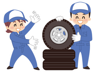 自動車整備士の男女とタイヤ