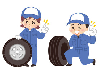自動車整備士の男女とタイヤ © shintako