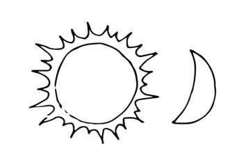 Sun and moon. Beautiful space object. Simple doodle drawing in childish style. Outline sketch. Hand drawing is isolated on white background. Vector