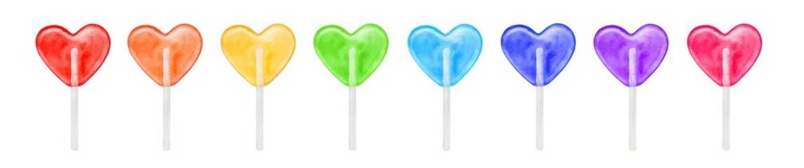 Watercolour illustration set of cute heart shaped lollipops in rainbow color: red, orange, yellow, green, light blue, violet and pink. Hand painted graphic drawing, cutout clipart elements for design. - 480647870