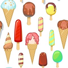Ice cream pattern seamless. Pretty Background illustration. Wallpaper print. In waffle glasses and cones. Popsicle on sticks. Summer food sweet dessert. Flat design. Vector.
