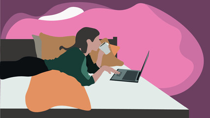 woman drinking coffee working on laptop. flat vector. 