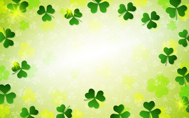 St.Patrick's Day blurred vector background with clover leaves and light effects