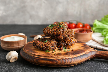 Board with tasty lentil cutlets on table