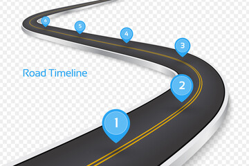 Winding 3D road concept on a transparent background. Timeline template.