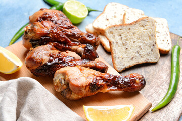 Tasty cooked chicken drumsticks with bread on table