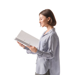 Beautiful young woman with folder on white background