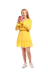 Beautiful mature woman with cup of coffee on white background