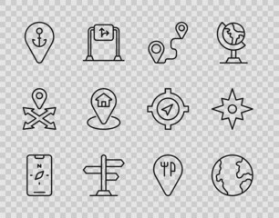 Set line Compass on mobile, Earth globe, Route location, Road traffic sign, Location with anchor, house, Cafe and restaurant and Wind rose icon. Vector