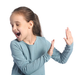 Emotional little girl on white background