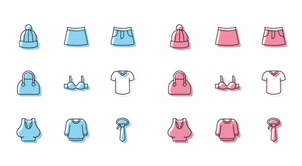 Set line Undershirt, Sweater, Winter hat, Tie, Bra, T-shirt, Handbag and Skirt icon. Vector