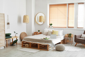 Interior of stylish bedroom with comfortable bed and breakfast - obrazy, fototapety, plakaty