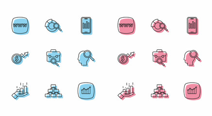 Set line Financial growth, Hierarchy organogram, Website template, Work search, Search people, dollar and data analysis icon. Vector