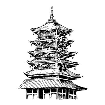 hand drawn illustration of japanese pagoda, buddhist temple structure, illustrated in engraved style, isolated on white background
