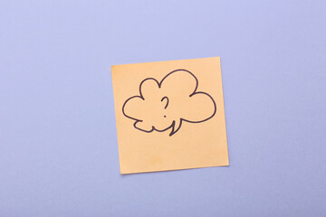 Sticky note with drawn speech bubble and question mark on grey background
