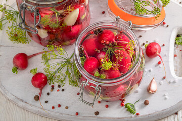 Preparation for pickled radishes as healthy winter supplies.