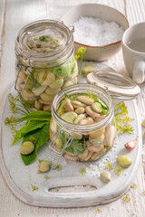 Preparation for pickled broad bean made of organic vegetables.