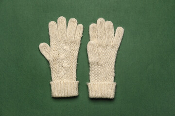Pair of warm gloves on green background