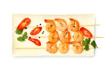 Plate with grilled shrimp skewers on white background