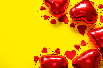 Heart-shaped air balloons and confetti for Valentine's day on yellow background