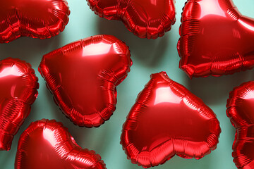 Heart-shaped air balloons for Valentine's day on color background - obrazy, fototapety, plakaty