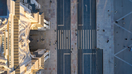 Aerial top view of August street arch in Commerce Square, Lisbon, Portugal
