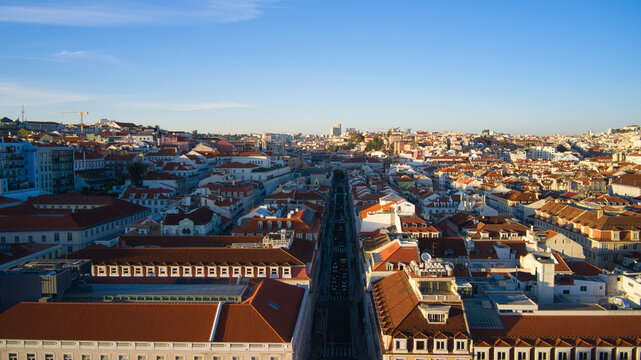 Lisbon, Portugal - January 13, 2022: Aerial view of a portuguese street. Winter sunset.