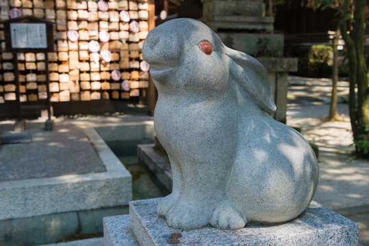Kyoto, Japan - Apr 04 2020 - Rabbit Statue at Okazaki Shrine in Kyoto, Japan. The Shrine originally built in 794.