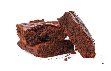 Pieces of tasty chocolate brownie isolated on white background