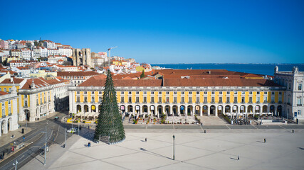 Lisbon, Portugal - January 13, 2022: Aerial drone view of the Augusta Street Arch from Commerce...