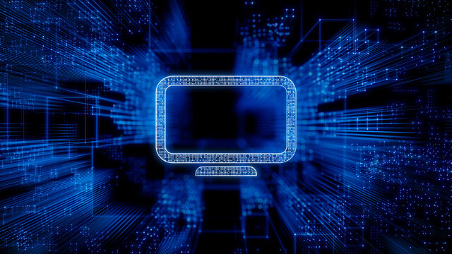 Display Technology Concept with Monitor symbol against a Futuristic, Blue Digital Grid background. Network Tech Wallpaper. 3D Render 