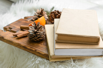 Wooden board with cinnamon sticks, pine cones and books on soft rug