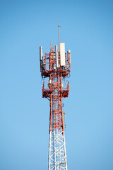 Telecommunication tower of 4G and 5G cellular. Antenna transmission communication. Cell phone signal base station.