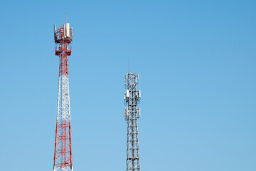 Telecommunication tower of 4G and 5G cellular. Antenna transmission communication. Cell phone signal base station.