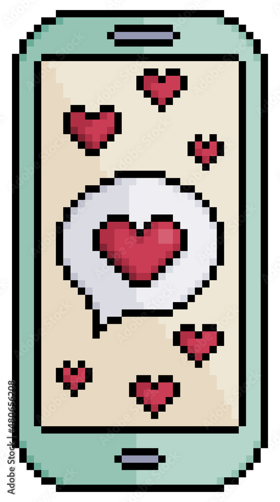 Poster pixel art cell phone with love message vector icon for 8bit game on white background